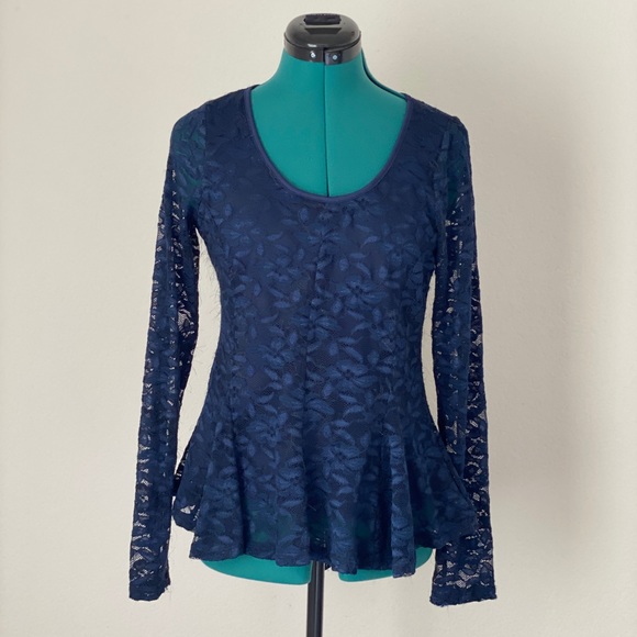 SOLD NAVY BLUE lace peplum see-through blouse Size S - Picture 2 of 9